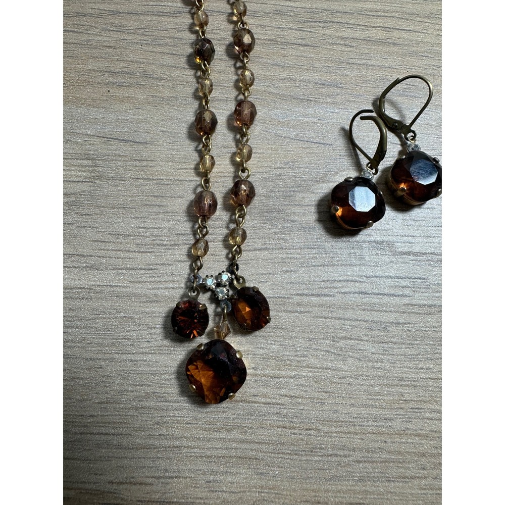 Clara Beau Amber Crystal Necklace and Earrings Set Brass Tone Vintage Style